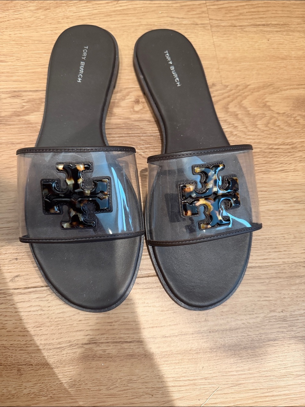 NWOT - Tory Burch Black Clear Slide Sandals with Tortoiseshell Logo